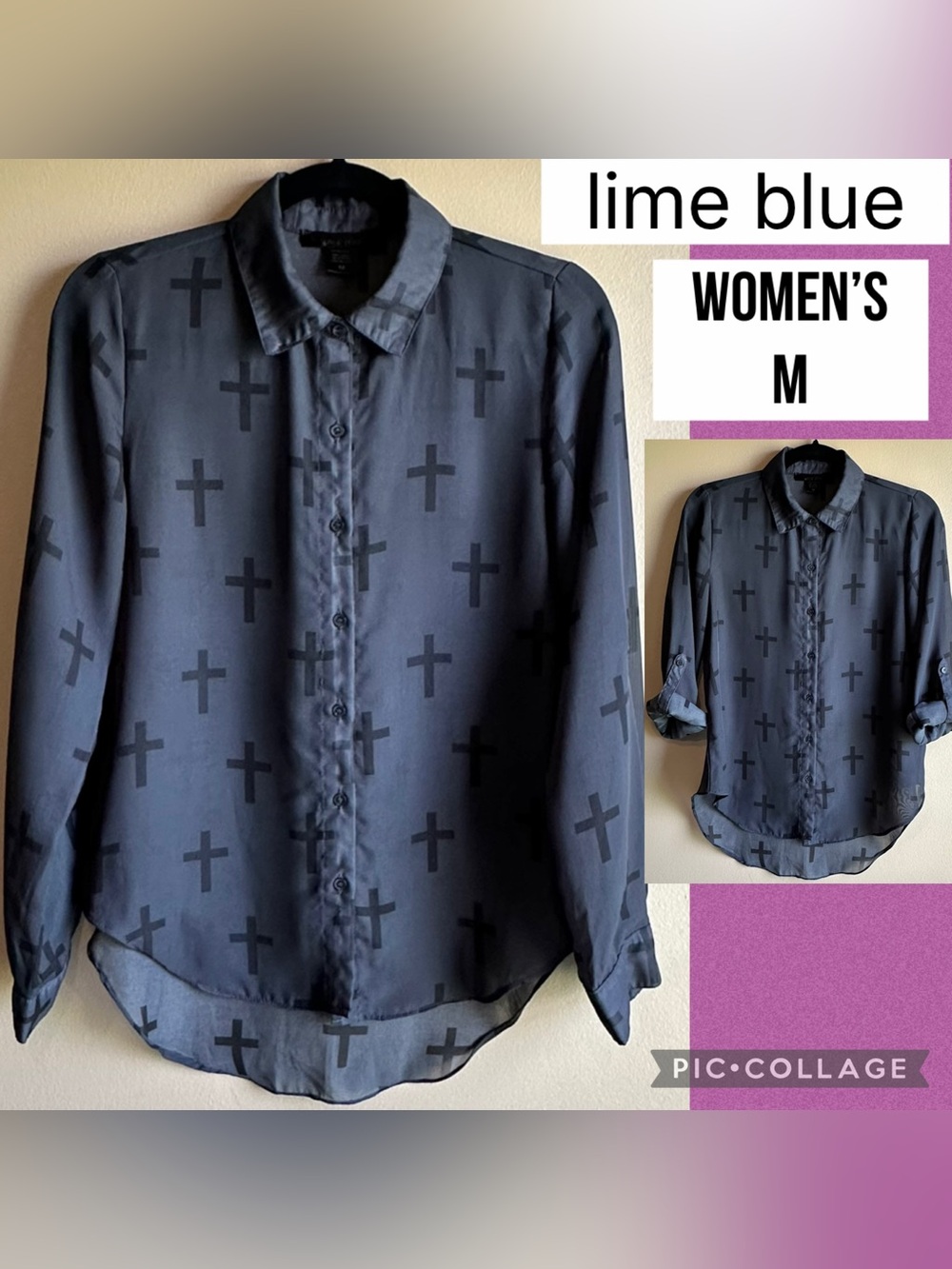 Lime Blue Womens Blouse Gray Black Cross Sheer Button Up Shirt Roll Tab Sleeve M